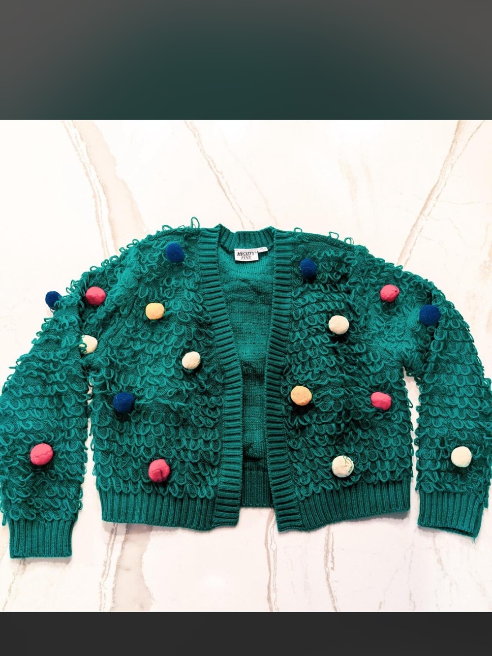 Mighty Fine Teal Green Pom-Pom Loop-Knit Cardigan with Multicolor Poms